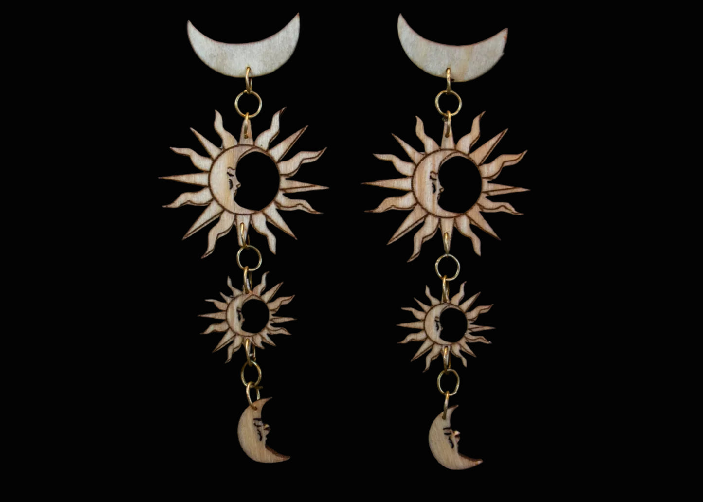 Large wood earrings with sun and moon motif
