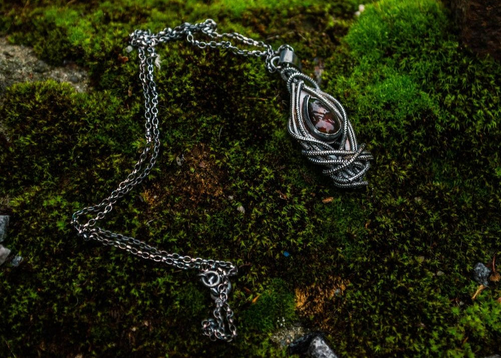 Dark silver pendant "Dark Heart" with black opal