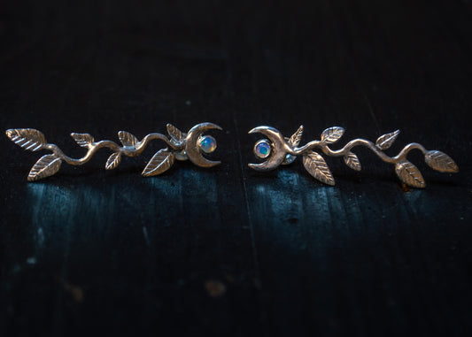 Silver earrings with opal, crescent moon and leaves