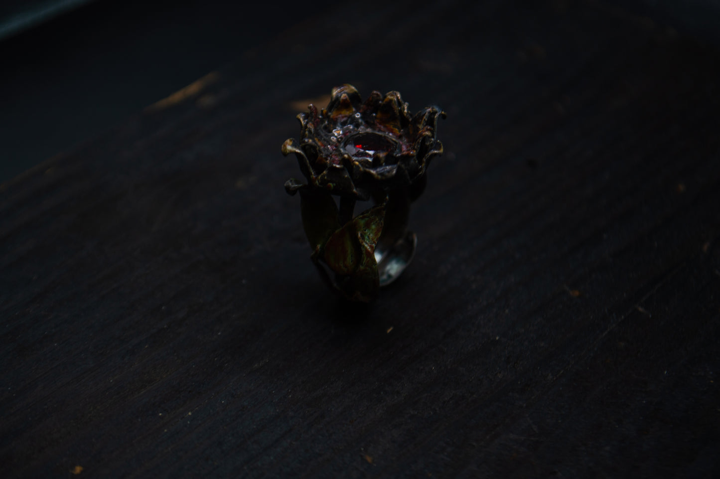 Ring "Flos tenebris" silver 925, enamel, garnet.