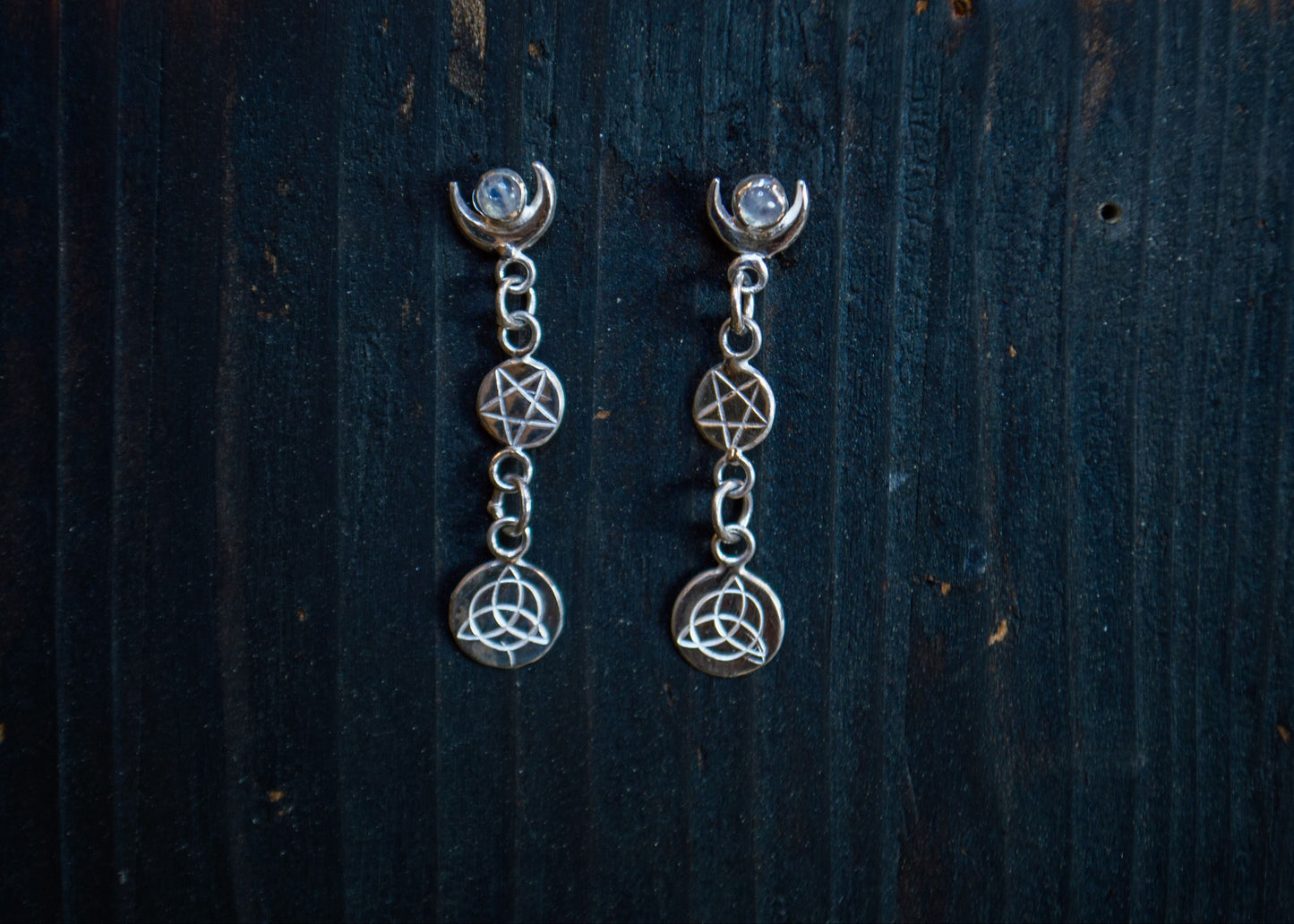 Silver earrings with moonstone, pentagram and triquetra symbols