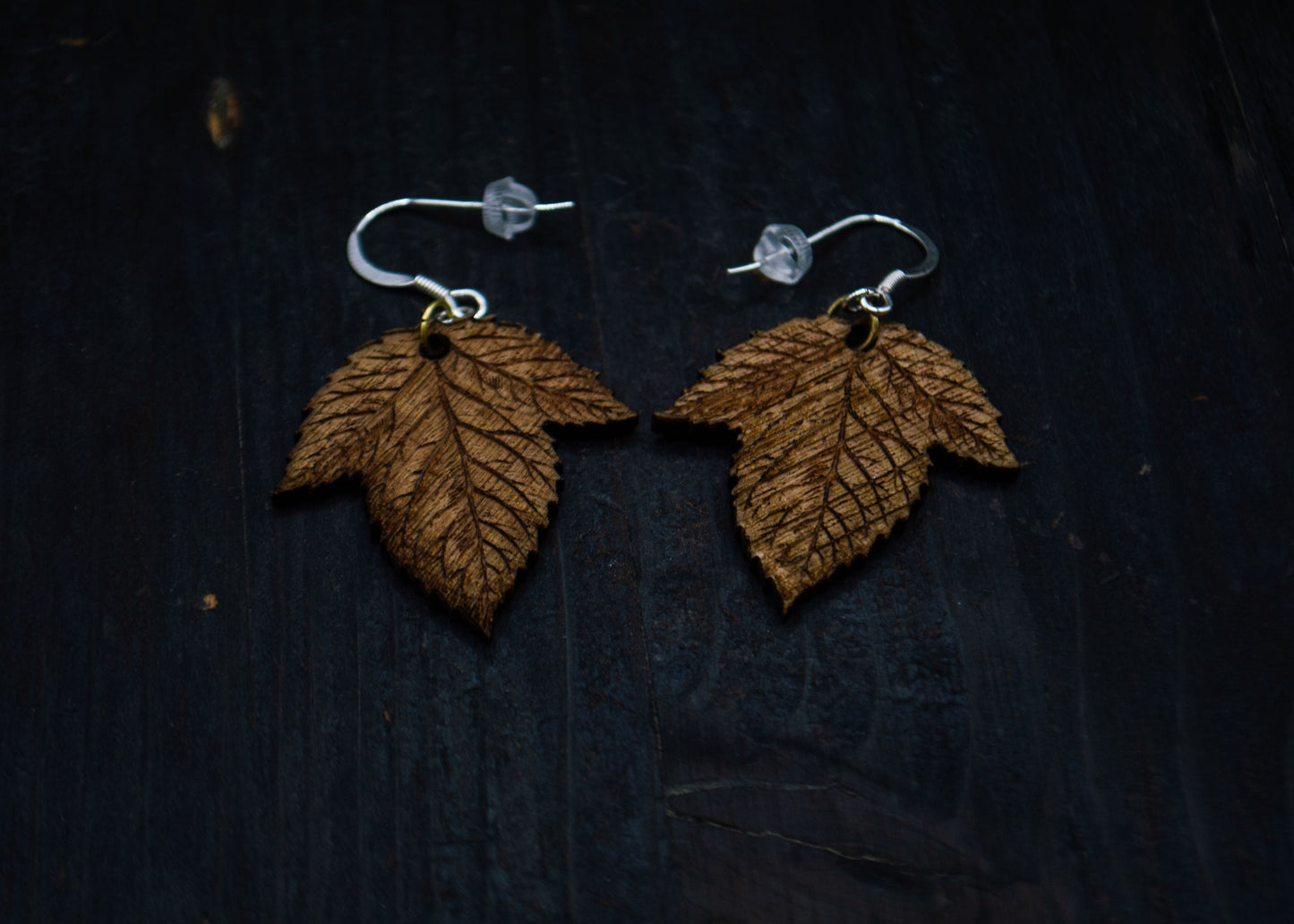 Wood earrings with fantasy leaf