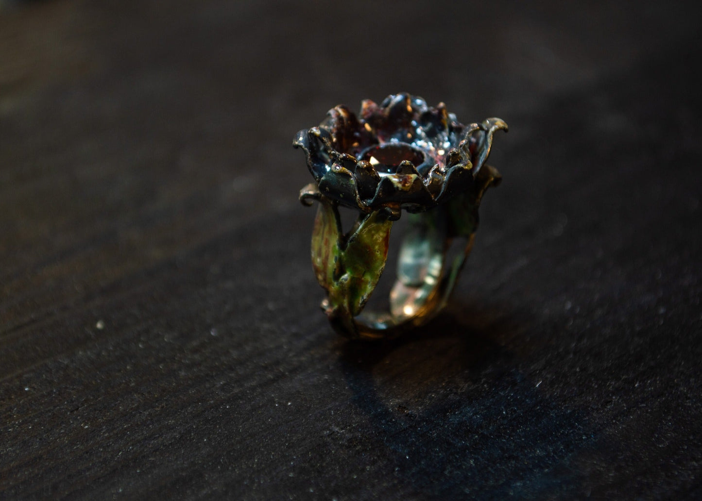 Ring "Flos tenebris" silver 925, enamel, garnet.