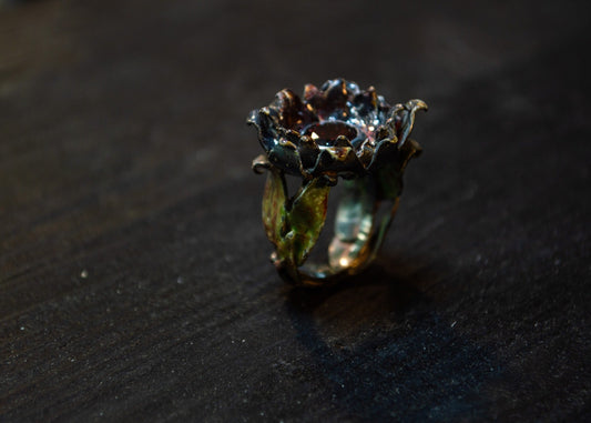 Ring "Flos tenebris" silver 925, enamel, garnet.