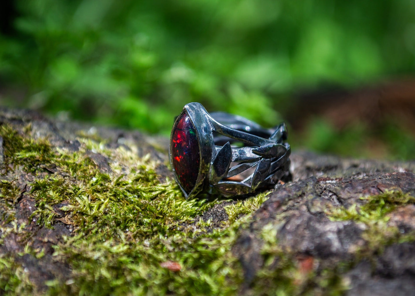 Ring "Silvae obscurae" silver 925, black opal.