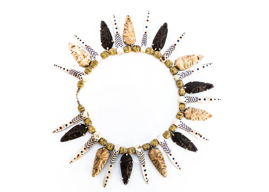 Wood, bone, brass and silver necklace "12 faces"