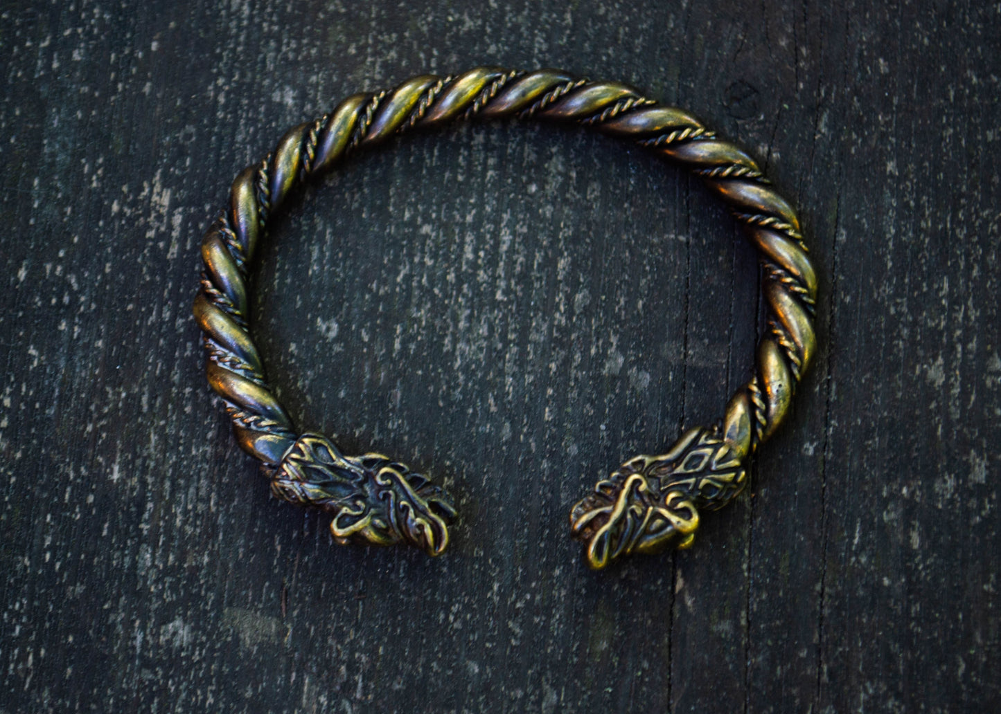 Viking style brass bracelet with bear heads